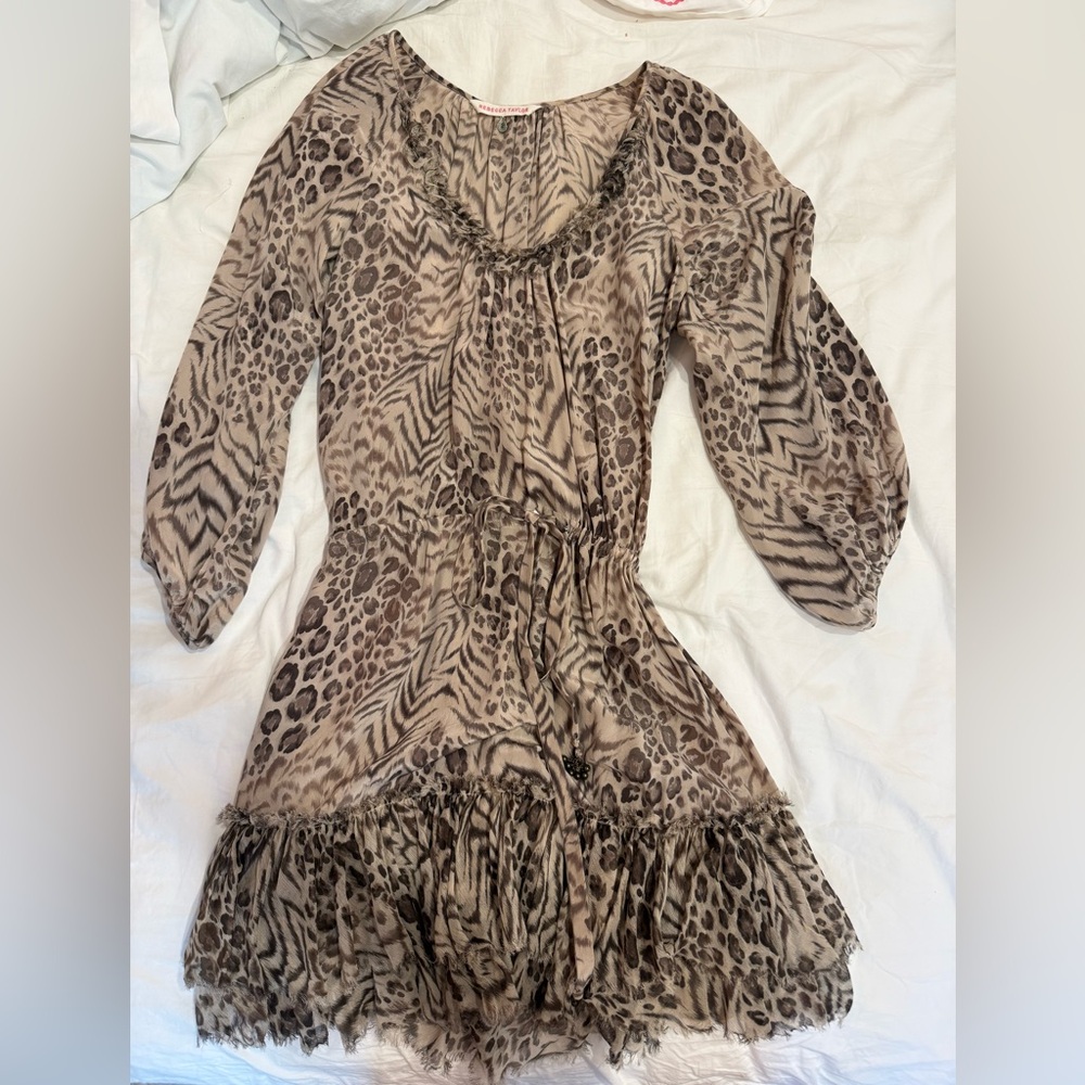 Rebecca Taylor Beige and Taupe Animal-Print Ruffle Dress